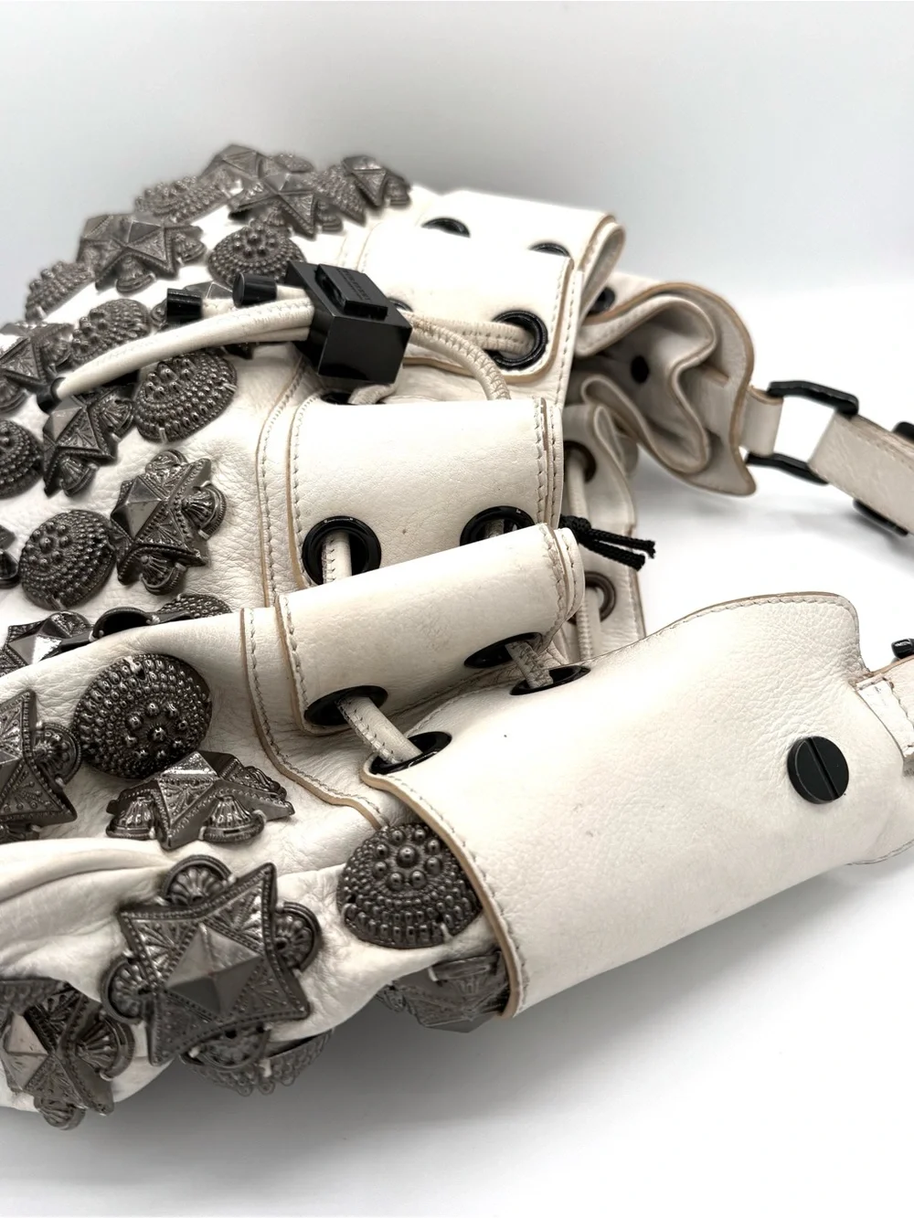 Burberry White Leather Studded Warrior Bag